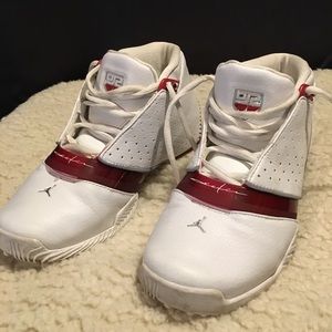 Red/white Jordan boy shoes size 5.5Y in great condition. No stains,rips,or tears